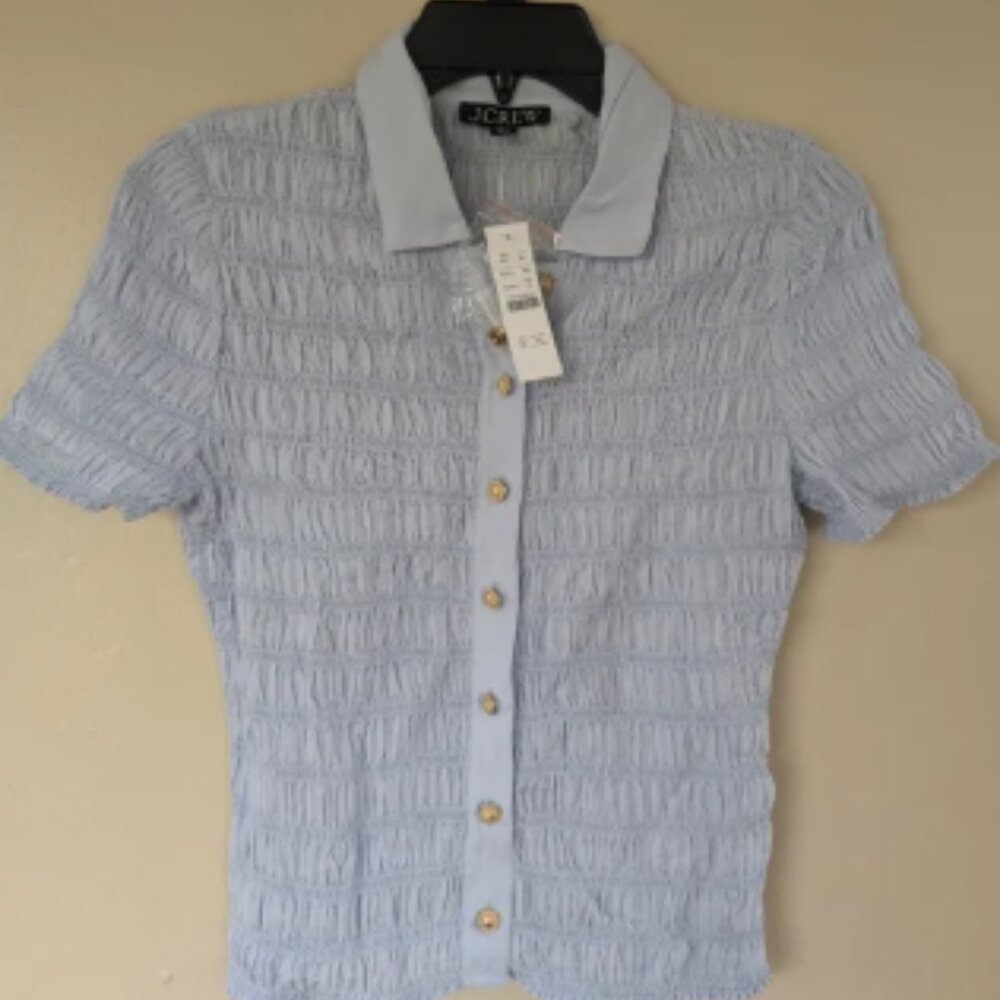 NWT! J. Crew Smocked Button-up Shirt, Cotton Blend Voile, Peri Breeze (SIZE XS)